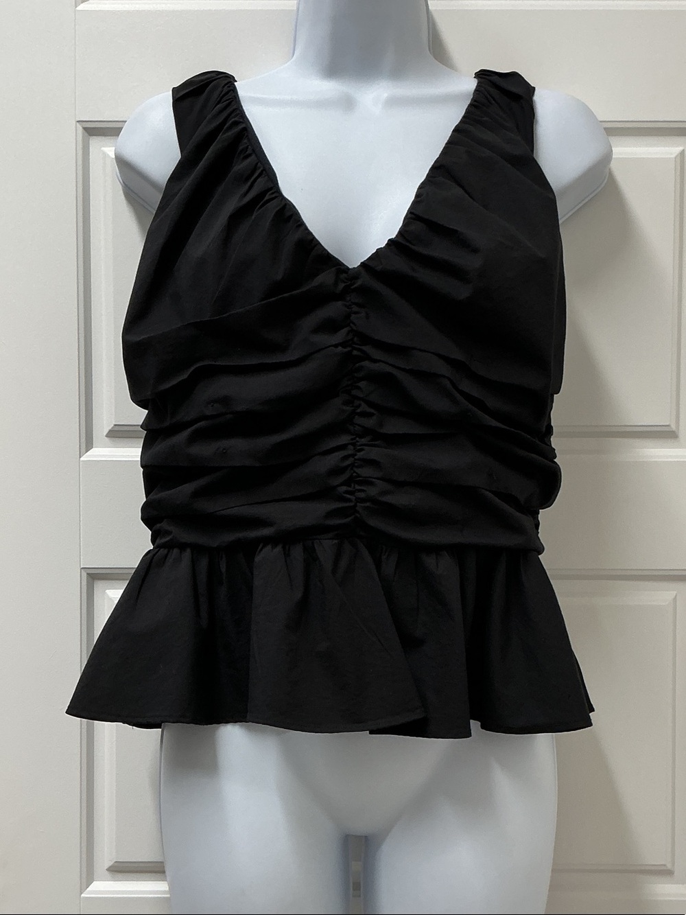 Express Black Ruched V-Neck Peplum Top